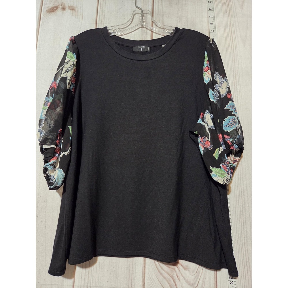 Tahari Shirt Womens 1X Black Plus Size Chiffon Sheer Floral Sleeve Top Blouse